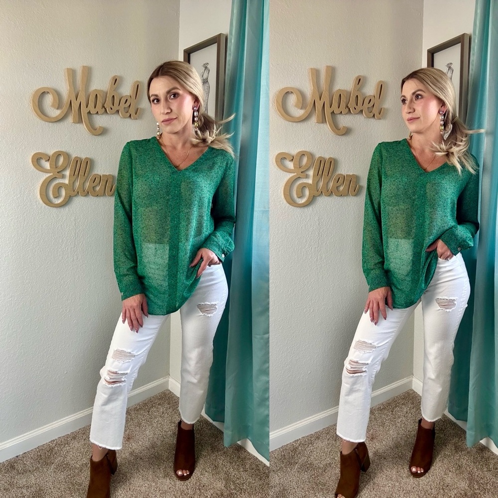 Cabi dapper Green Patterned sheer long sleeve Top size medium